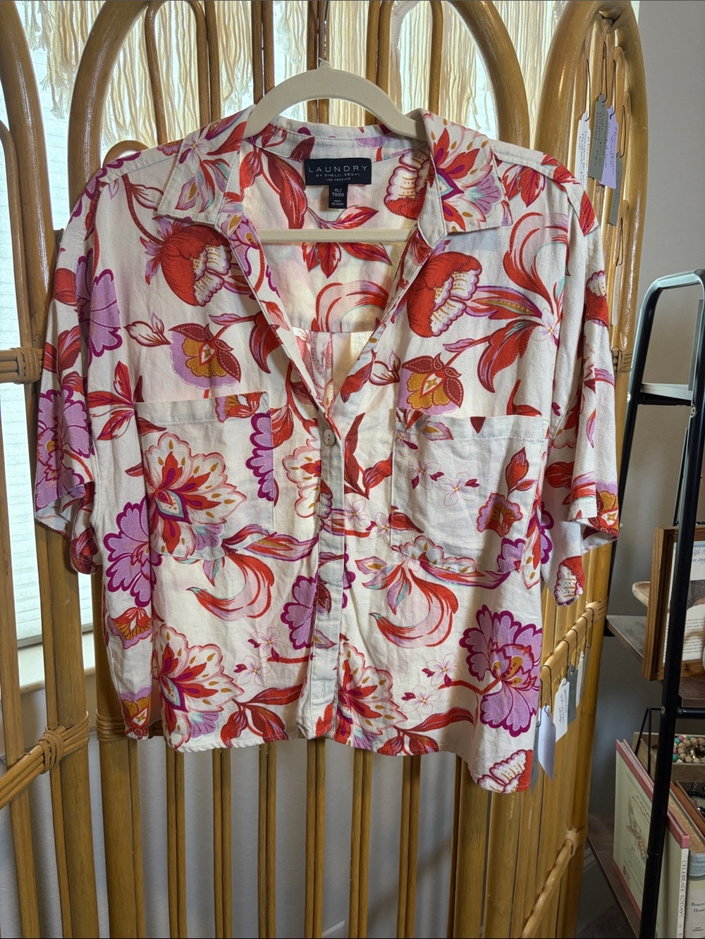 Laundry By Shelli Segal Cream Button-Down Shirt with Pink & Red Floral Print